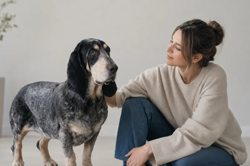 Ein aufmerksamer Blauer Basset der Gascogne steht in natürlicher Haltung vor hellem Hintergrund.