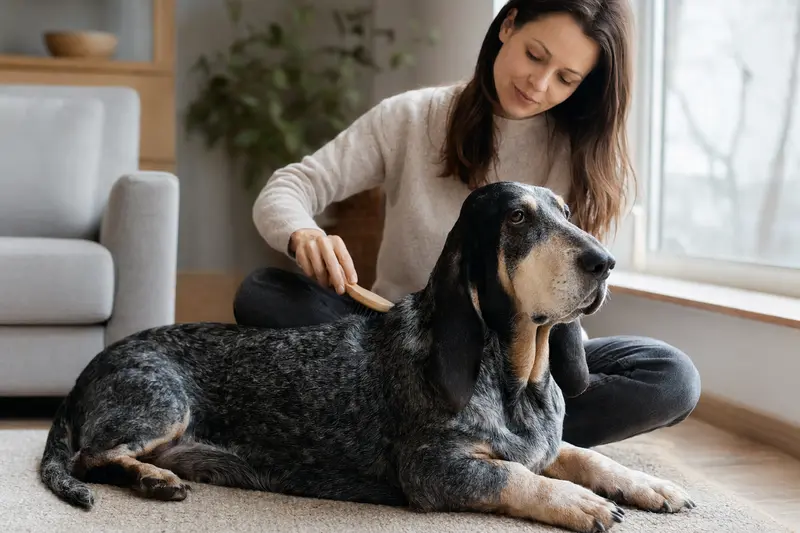 Ein Blauer Basset der Gascogne wird zuhause liebevoll gebürstet, während sich sein Besitzer sanft um die Fellpflege kümmert.