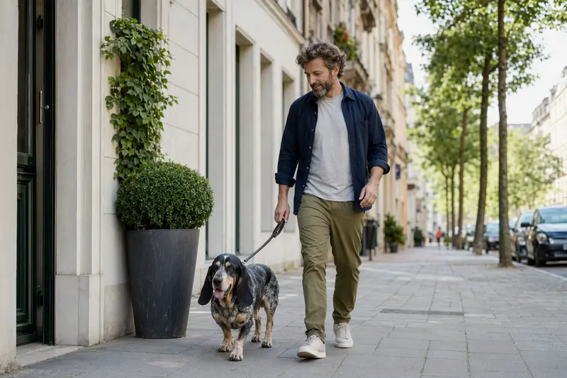 Ein Blauer Basset der Gascogne läuft an der Leine mit seinem Besitzer durch eine moderne Stadtstraße.