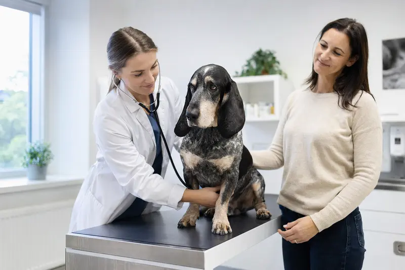 Eine freundliche Tierärztin untersucht einen Blauen Basset der Gascogne mit dem Stethoskop, während der Besitzer beruhigend danebensteht.