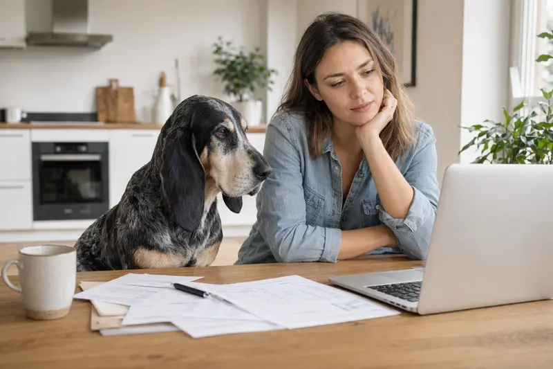 Ein Blauer Basset der Gascogne sitzt ruhig neben seinem Besitzer am Küchentisch mit Versicherungsunterlagen und Laptop zur Hundeversicherung.