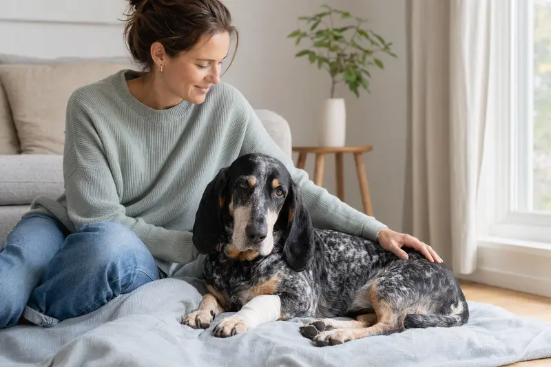Blauer Basset der Gascogne mit leicht verbundenen Pfote liegt ruhig auf einer Decke neben seinem erleichterten Besitzer in einer hellen Wohnung.