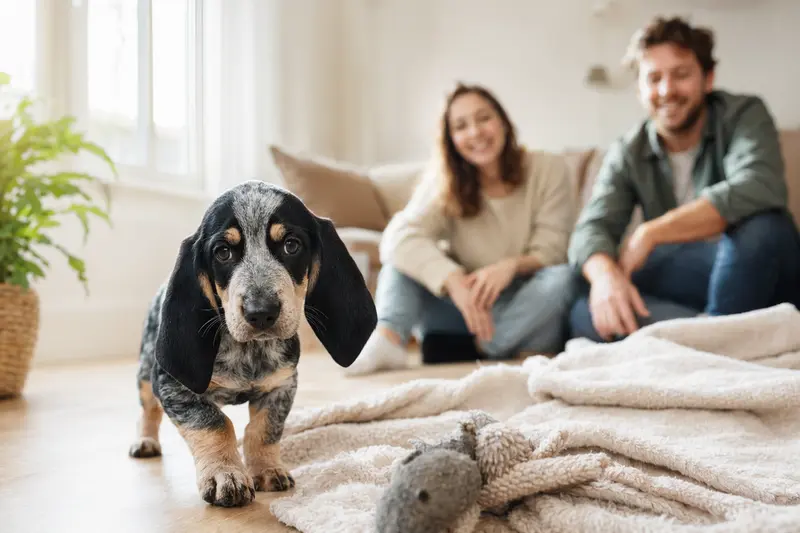 Ein junger Blauer Basset der Gascogne Welpe erkundet neugierig sein neues Zuhause in einer hellen Wohnung.