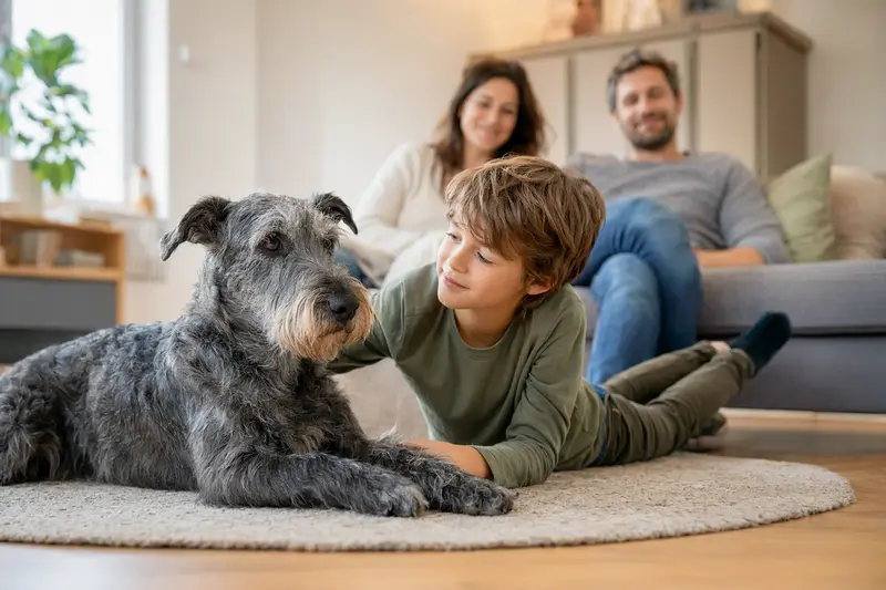 Ein blauer Irischer Terrier entspannt neben einem Kind im Wohnzimmer und vermittelt eine vertrauensvolle Familienatmosphäre.