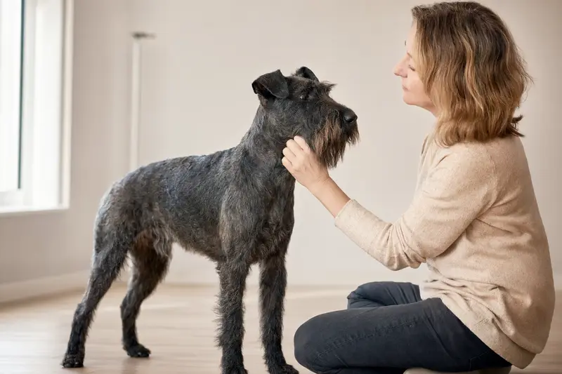 Blauer Irischer Terrier steht aufmerksam vor hellem neutralem Hintergrund in natürlicher Haltung.