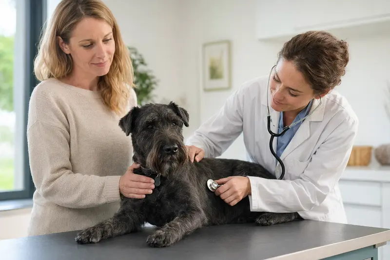 Ein blauer Irischer Terrier wird von einer Tierärztin mit Stethoskop in einer modernen Praxis untersucht, während der Besitzer beruhigend neben ihm steht.
