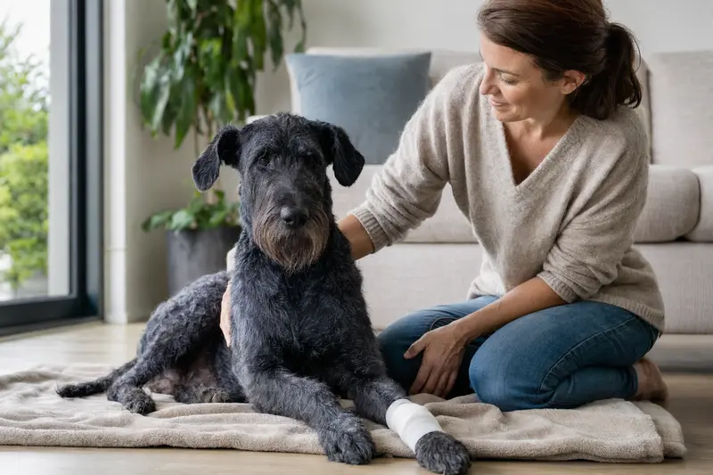 Ein blauer Irischer Terrier mit Verband an der Pfote liegt entspannt neben seinem erleichterten Besitzer in einer hellen Wohnung.