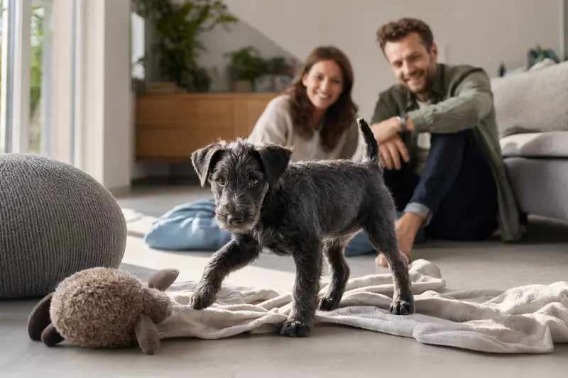 Ein junger Blauer Irischer Terrier Welpe erkundet neugierig sein neues Zuhause mit einer weichen Decke und einem Spielzeug, während eine liebevolle Familie im Hintergrund zu sehen ist.