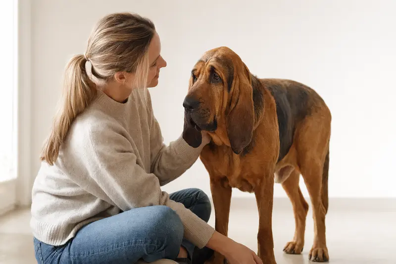 Ein aufmerksamer Bloodhound steht in natürlicher Haltung vor hellem Hintergrund und zeigt typische Merkmale der Hunderasse.