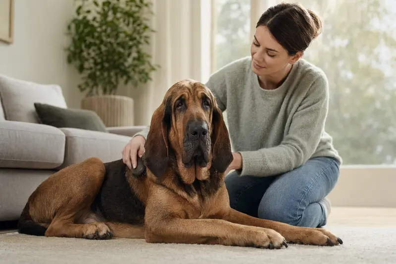 Ein Bloodhound wird zuhause von seinem Besitzer sanft gebürstet und gepflegt.