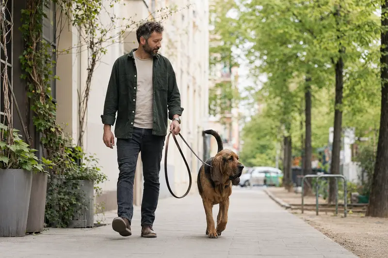 Ein Bloodhound läuft an der Leine mit seinem Besitzer durch eine freundliche moderne Stadtstraße.