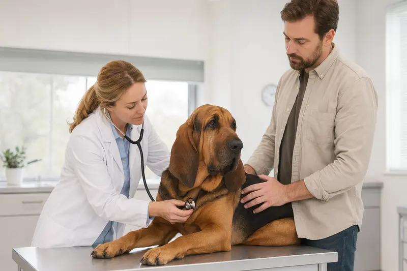 Eine Tierärztin untersucht einen ruhigen Bloodhound mit dem Stethoskop, während der Besitzer in der modernen Tierarztpraxis beruhigend danebensteht.