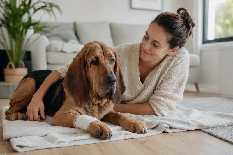 Bloodhound mit leicht verbandener Pfote liegt ruhig auf einer Decke neben seinem erleichterten Besitzer in einer hellen Wohnung.