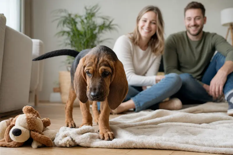 Junger Bloodhound-Welpe entdeckt neugierig sein neues Zuhause in einer hellen Wohnung mit weicher Decke und Spielzeug, während seine Familie im Hintergrund sitzt.