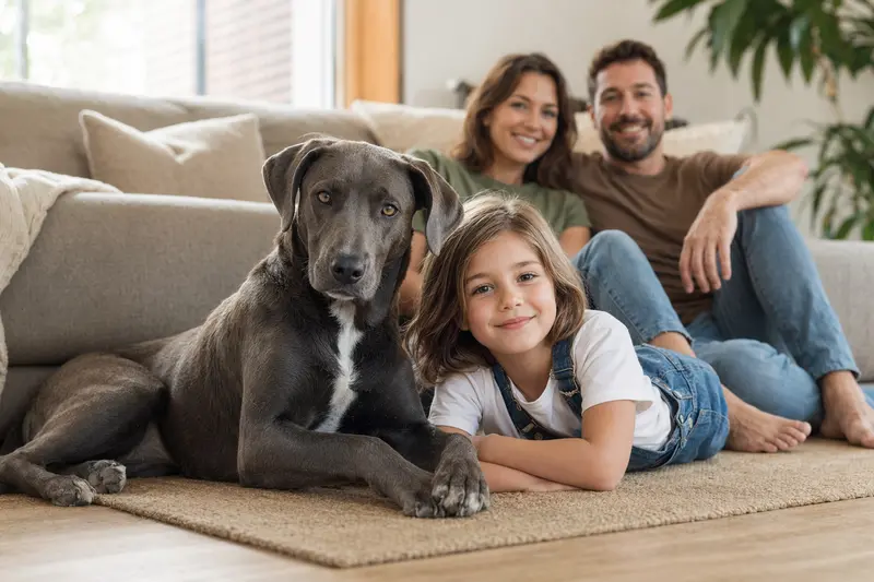 Ein entspannter Blue Lacy Hund liegt neben einem Kind im Wohnzimmer und vermittelt eine sichere Familienatmosphäre.