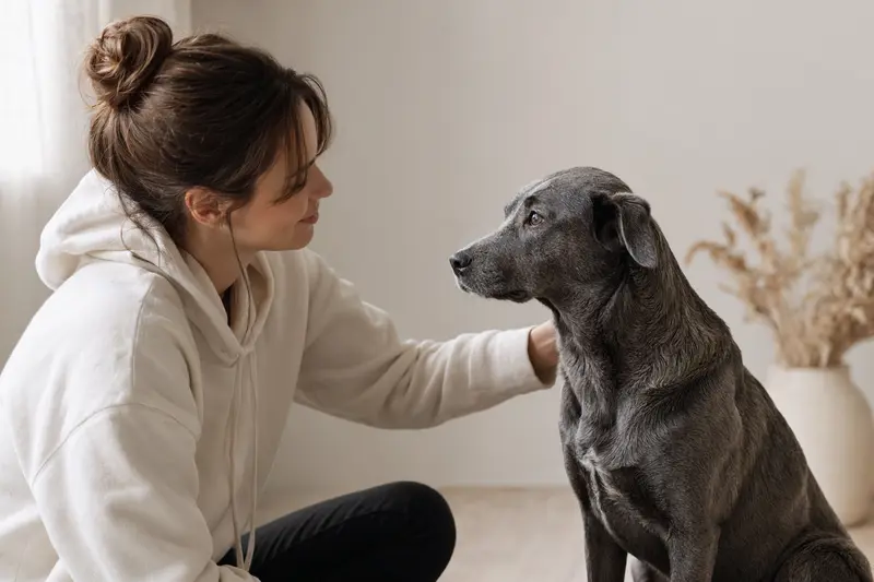 Ein aufmerksamer Blue Lacy Hund mit typischer Körperform vor neutralem Hintergrund.