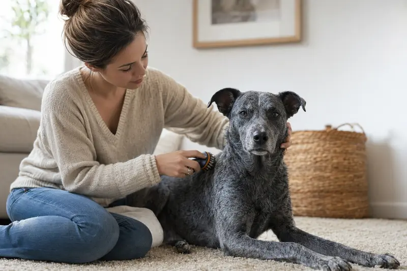 Ein Blue Lacy Hund wird in einer hellen Wohnung von seinem Besitzer sanft gebürstet und gepflegt.