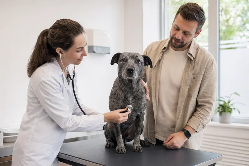Ein Blue Lacy Hund wird von einer freundlichen Tierärztin mit einem Stethoskop in einer modernen Tierarztpraxis untersucht.