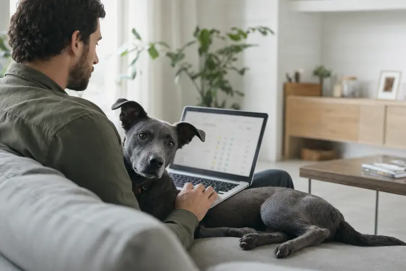 Ein Hundebesitzer sitzt auf dem Sofa mit einem Laptop, während ein Blue Lacy Hund daneben entspannt, was Sicherheit und einfache Entscheidungsfindung symbolisiert.