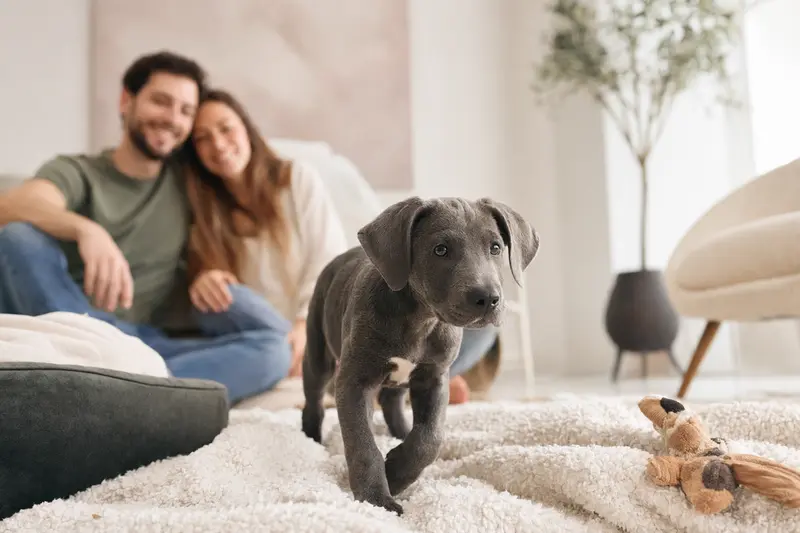 Ein neugieriger Blue Lacy Welpe erkundet entspannt sein neues Zuhause mit liebevoller Familie im Hintergrund.