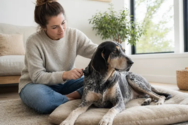 Ein Bluetick Coonhound wird in einer hellen Wohnung sanft gebürstet, während sein Besitzer liebevoll die Fellpflege übernimmt.