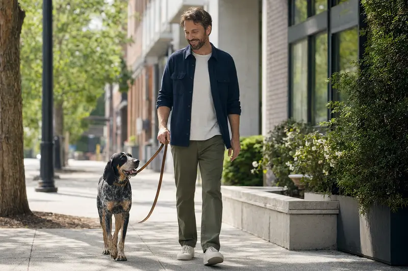 Ein Bluetick Coonhound läuft an der Leine mit seinem Besitzer durch eine moderne Stadtstraße.