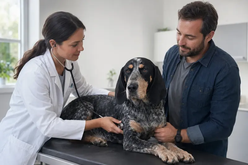 Ein ruhiger Bluetick Coonhound Hund auf einem Untersuchungstisch während einer sanften Untersuchung durch eine freundliche Tierärztin.