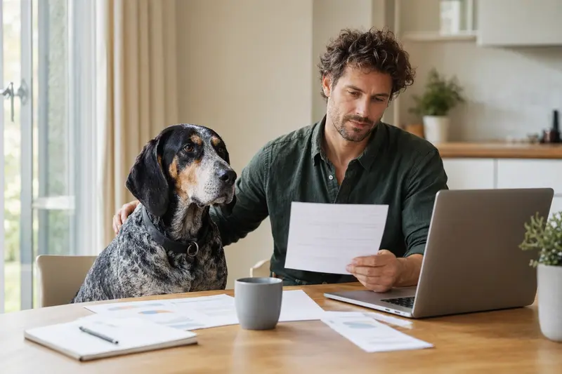 Ein Bluetick Coonhound sitzt ruhig neben seinem Besitzer am Küchentisch mit Versicherungsunterlagen und einem Laptop zur Hundeversicherung.