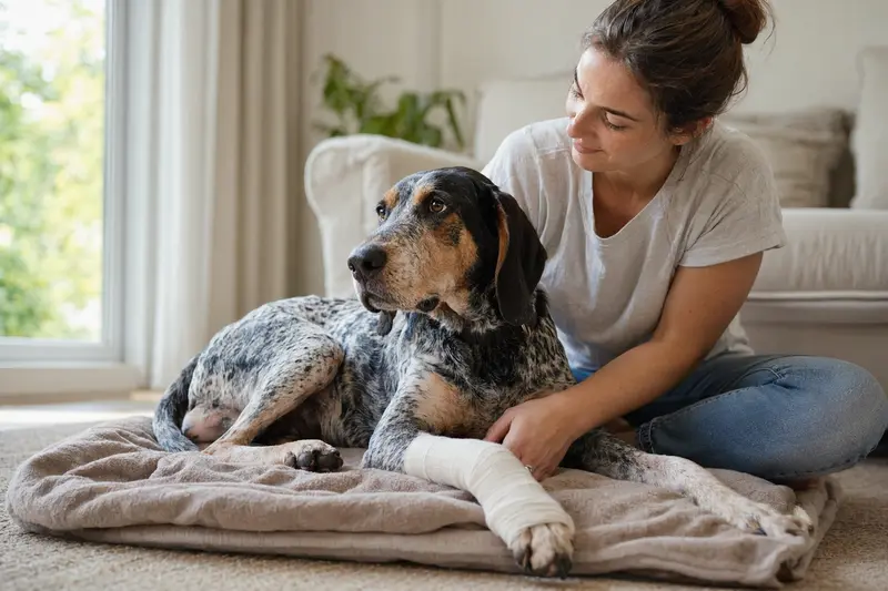 Ein Bluetick Coonhound mit leicht verbundenen Pfote liegt ruhig auf einer Decke, während sein Besitzer erleichtert daneben sitzt.