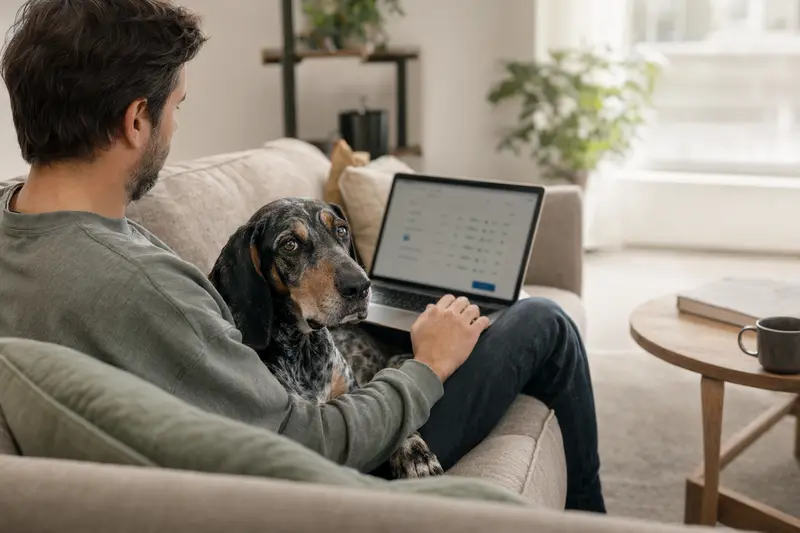 Ein Besitzer sitzt mit einem Laptop auf dem Sofa, während ein Bluetick Coonhound Hund neben ihm ruht.