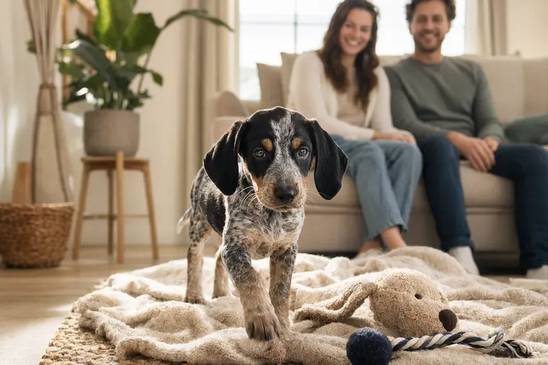 Ein neugieriger Bluetick Coonhound Welpe erkundet seine weiche Decke und Spielzeuge in einer freundlichen Wohnung, während eine liebevolle Familie im Hintergrund zu sehen ist.
