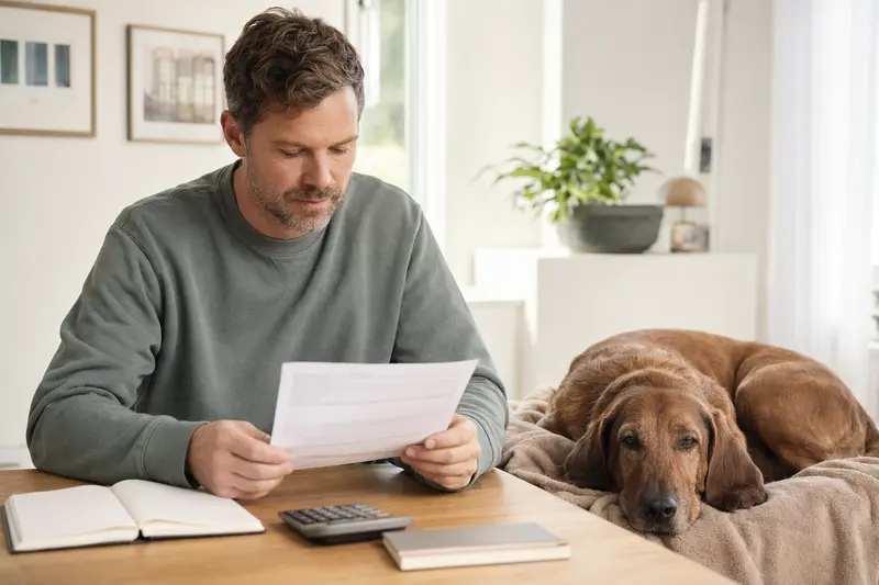 Ein Hundehalter sitzt mit einer Tierarztrechnung am Tisch, während ein entspannter Bluthund auf einer Decke liegt und das Thema Tierarztkosten für Hunde veranschaulicht.