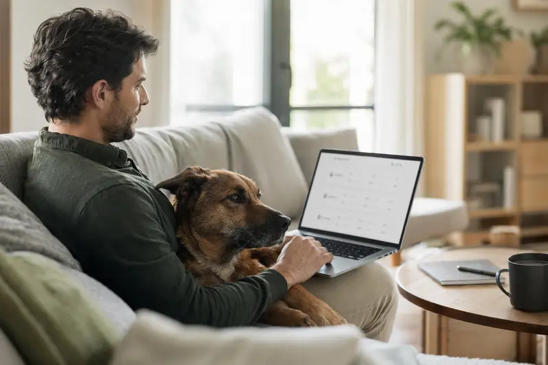 Besitzer arbeitet am Laptop im Wohnzimmer, neben ihm sitzt ein entspannter Bluthund.