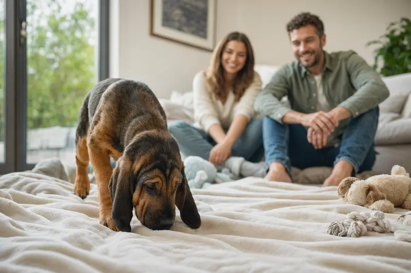 Ein neugieriger Bluthund Welpe erkundet sein neues Zuhause mit einer liebevollen Familie im Hintergrund.