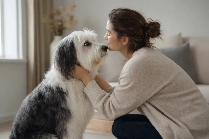 Ein aufmerksamer Bobtail Hund steht in natürlicher Haltung vor hellem Hintergrund, ideal für Tierliebhaber.