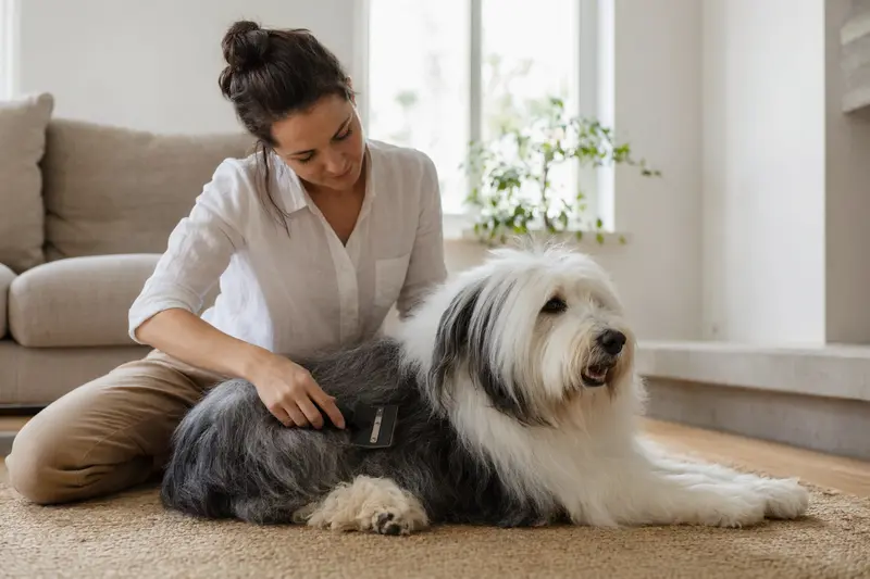 Ein Bobtail wird in einer hellen Wohnung sanft von seinem Besitzer gebürstet und gepflegt.