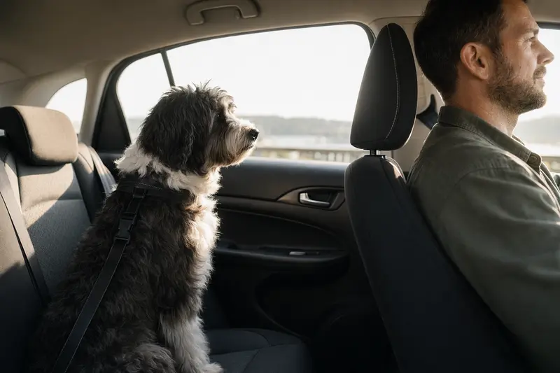 Ein Bobtail Hund sitzt sicher angeschnallt auf der Rückbank eines Autos und genießt die Autofahrt.