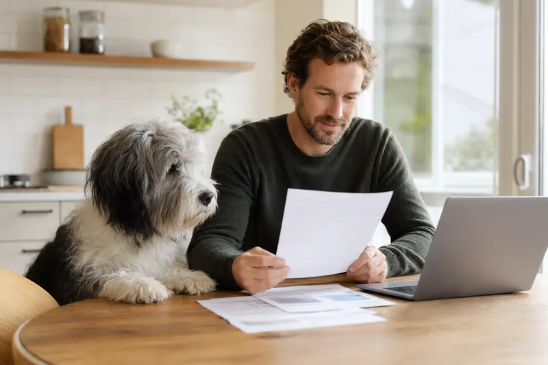 Ein Bobtail Hund sitzt neben seinem Besitzer am Küchentisch, auf dem Versicherungsunterlagen und ein Laptop liegen, in einer modernen und hellen Wohnung.