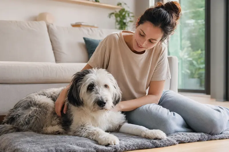 Ein Bobtail Hund mit leichtem Verband an der Pfote liegt entspannt auf einer Decke, während sein Besitzer erleichtert neben ihm sitzt.