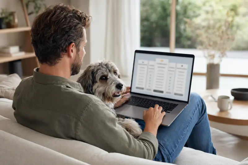 Ein Hundebesitzer arbeitet am Laptop, während sein Bobtail-Hund neben ihm auf dem Sofa sitzt und eine Versicherungsvergleichs-Oberfläche angezeigt wird.