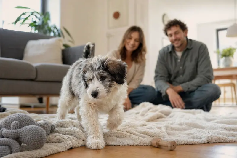 Ein junger Bobtail Welpe erkundet neugierig sein neues Zuhause mit Spielzeug und einer warmen Decke.