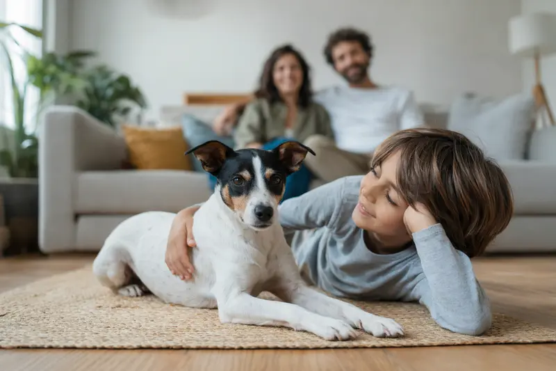 Ein freundlicher Bodeguero Andaluz Hund liegt entspannt neben einem Kind im Wohnzimmer und schafft eine vertrauensvolle Atmosphäre.