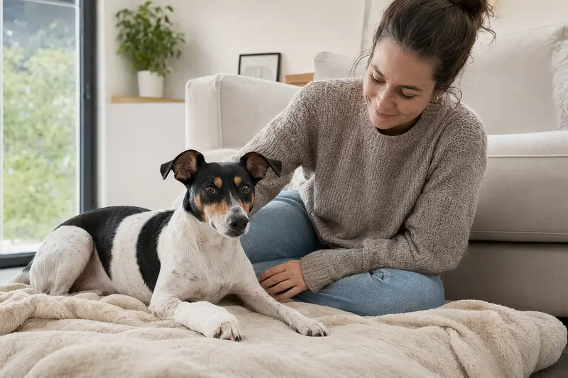 Ein Bodeguero Andaluz Hund, der ruhig auf einer Decke liegt, während sein Besitzer neben ihm sitzt und erleichtert wirkt.