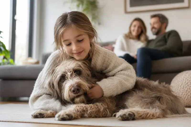 Ein Böhmischer Rauhbart Hund liegt entspannt neben einem Kind im Wohnzimmer und strahlt eine warme Familienatmosphäre aus.