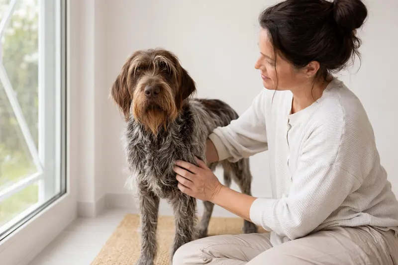 Böhmischer Rauhbart Hund in aufmerksamer Haltung vor hellem neutralem Hintergrund.