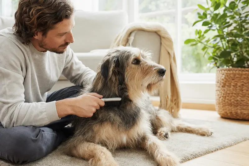 Ein Böhmischer Rauhbart wird in einer hellen Wohnung liebevoll gebürstet und gepflegt, was seine Fellgesundheit und verantwortungsvolle Hundehaltung zeigt.