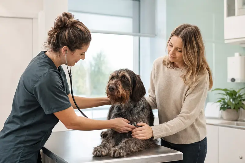 Ein ruhiger Böhmischer Rauhbart Hund wird von einer freundlichen Tierärztin mit einem Stethoskop in einer sauberen Tierarztpraxis untersucht.