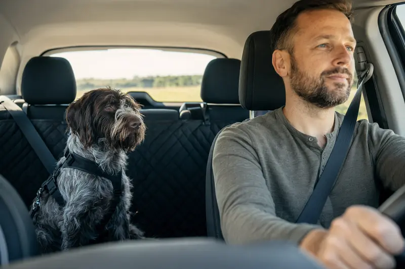 Ein Böhmischer Rauhbart Hund sitzt sicher angeschnallt auf der Rückbank eines Autos, während das Sonnenlicht durch das Fenster scheint.