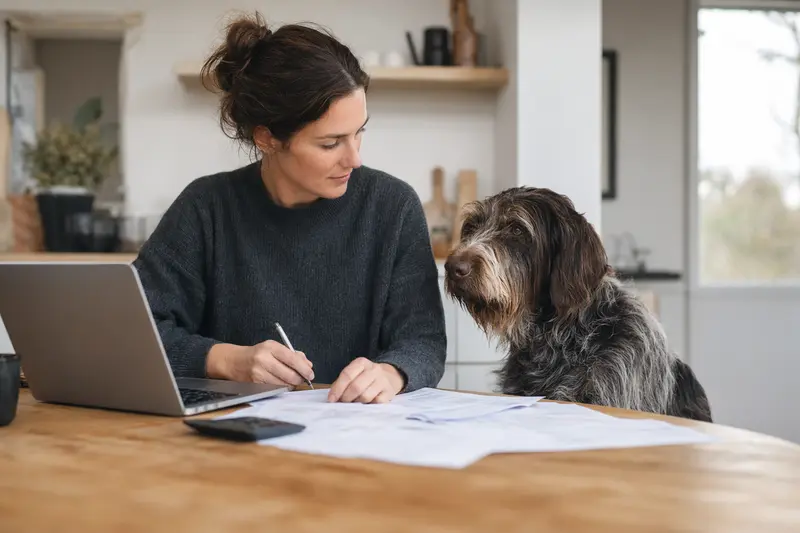 Ein Böhmischer Rauhbart Hund sitzt entspannt neben seinem Besitzer am Küchentisch, auf dem Versicherungsunterlagen und ein Laptop liegen.