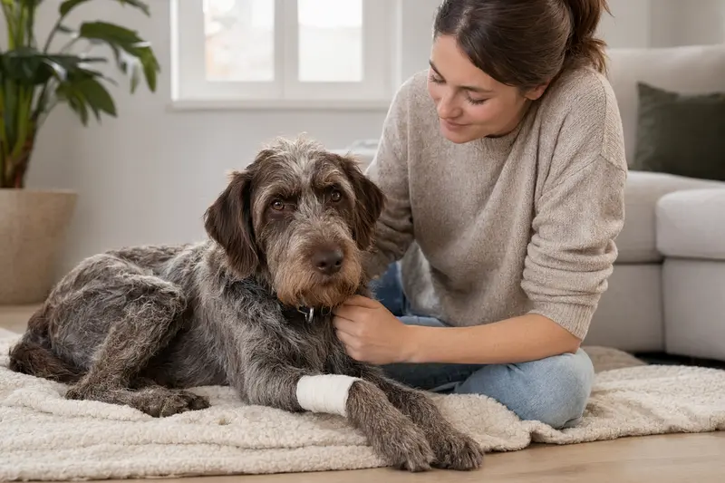 Ein Böhmischer Rauhbart Hund mit einem leichten Verband an der Pfote ruht auf einer Decke, während sein Besitzer entspannt neben ihm sitzt.